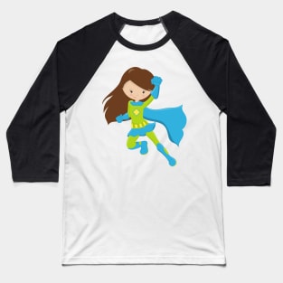 Superhero Girl, Cute Girl, Brown Hair, Blue Cape Baseball T-Shirt